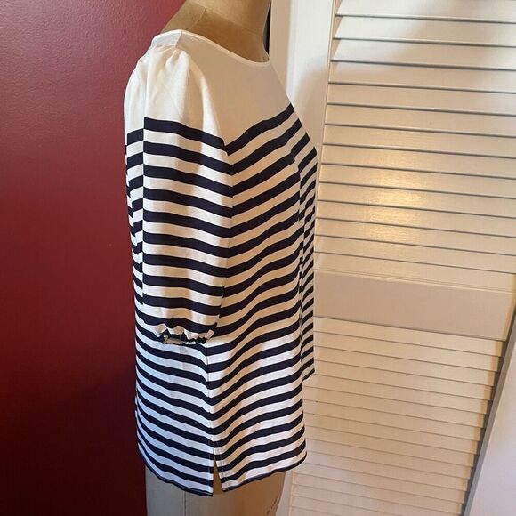 LOFT | navy & cream stripe short sleeve blouse XS - Picture 2 of 5